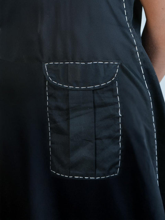 Black Cotton Dress with White Stitch Detail