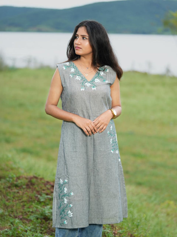 Hand-painted Floral Linen Dress