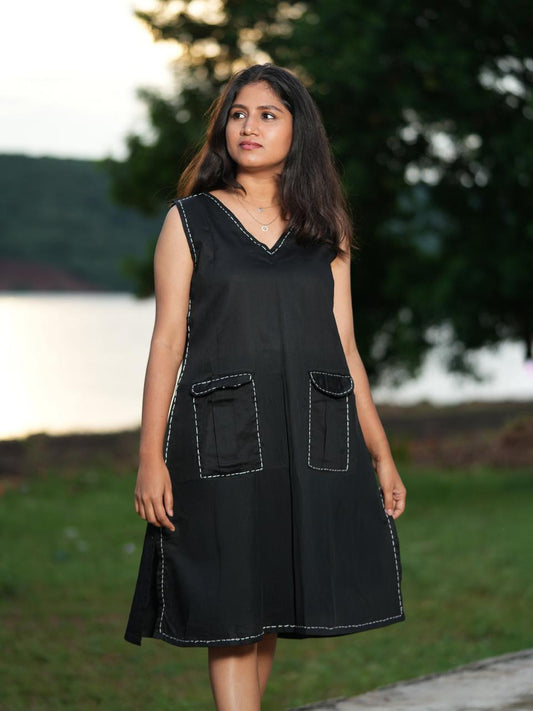 Black Cotton Dress with White Stitch Detail