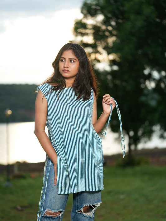 Blue Stripe Tunic with Adjustable Side Slits