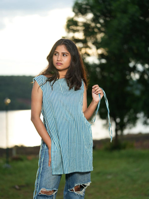 Blue Stripe Tunic with Adjustable Side Slits